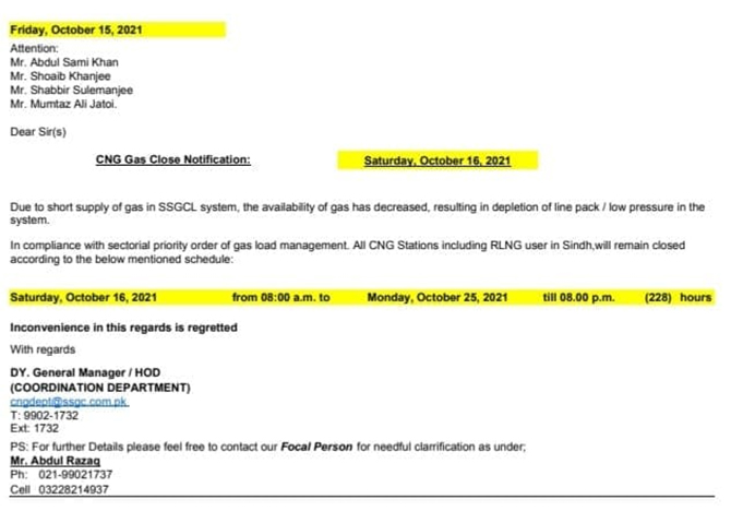 cng stations sindh ssgc closure gas shortage